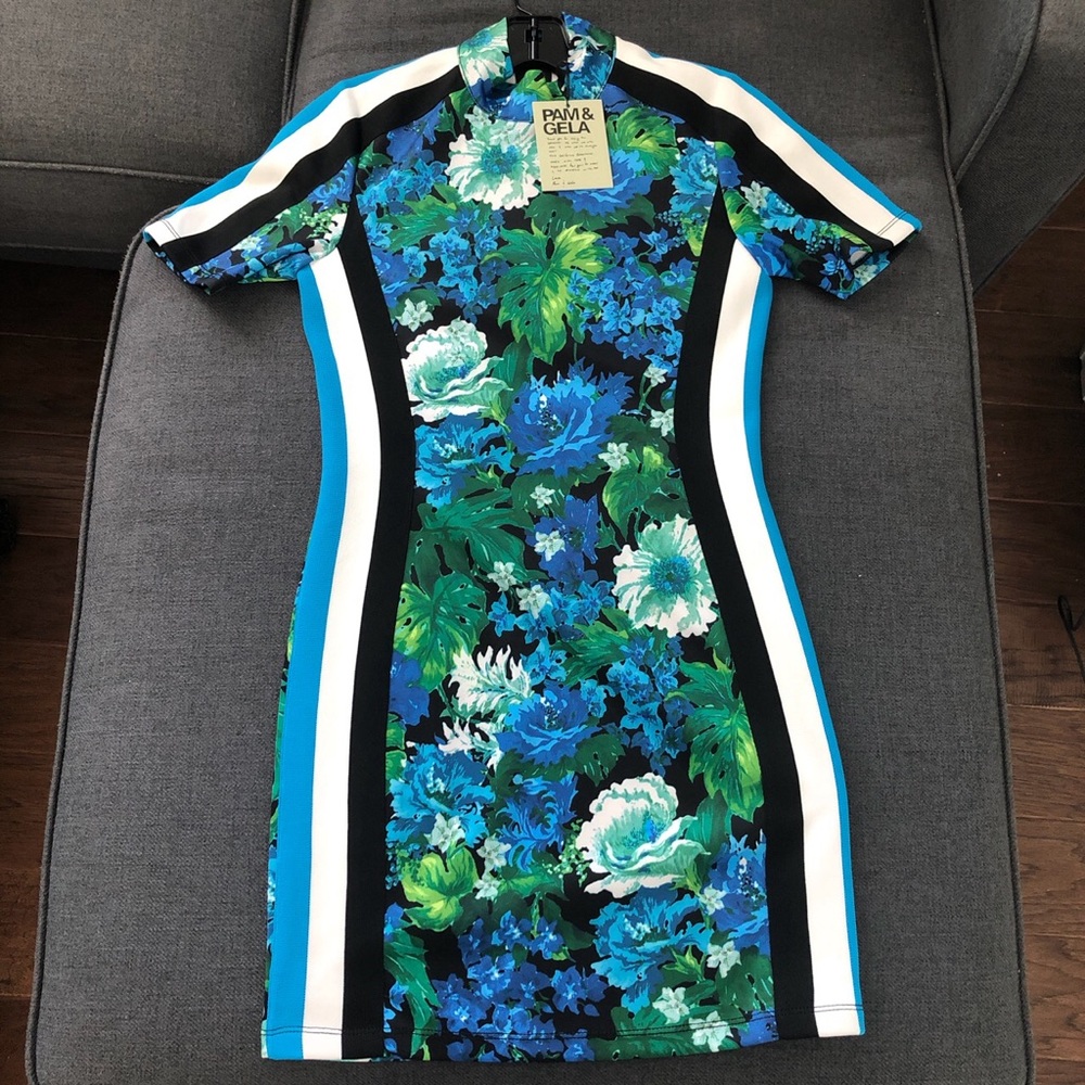 PAM&GELA Floral Track Stripe Mock Neck Mini Dress